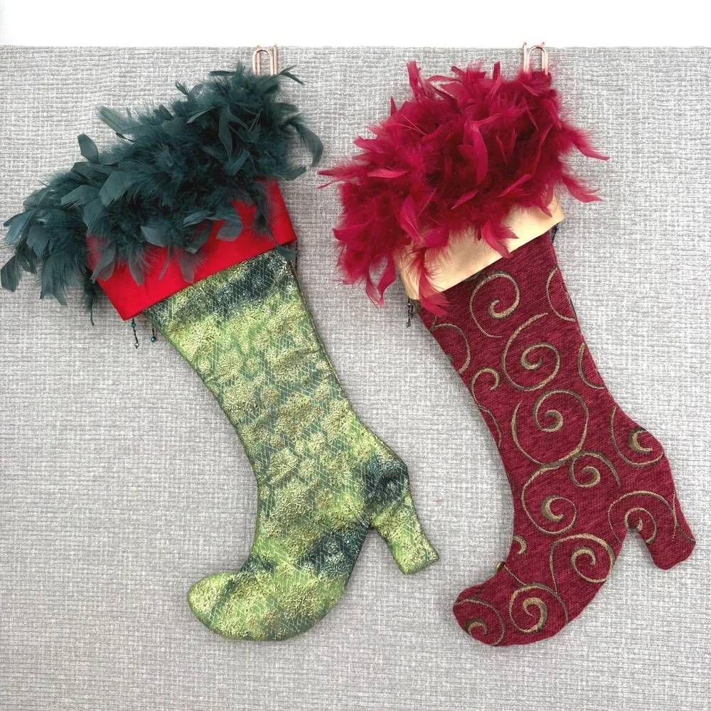 Christmas Stocking High Heel Boot Whimsy Red Green Feather Trim Beaded Victorian